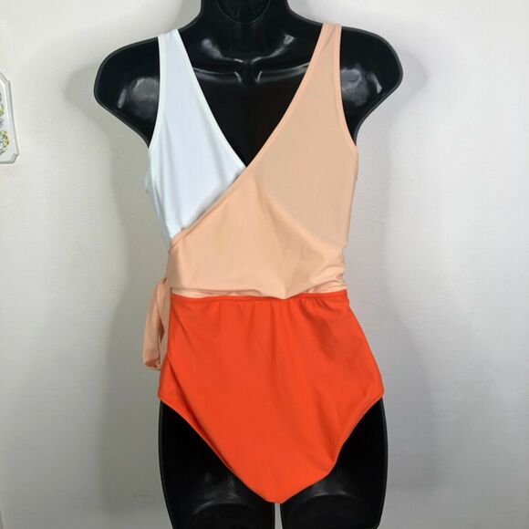 NEW Cupshe Colorblock Plunging One Piece Swimsuit Orange White Size Medium - Picture 6 of 9